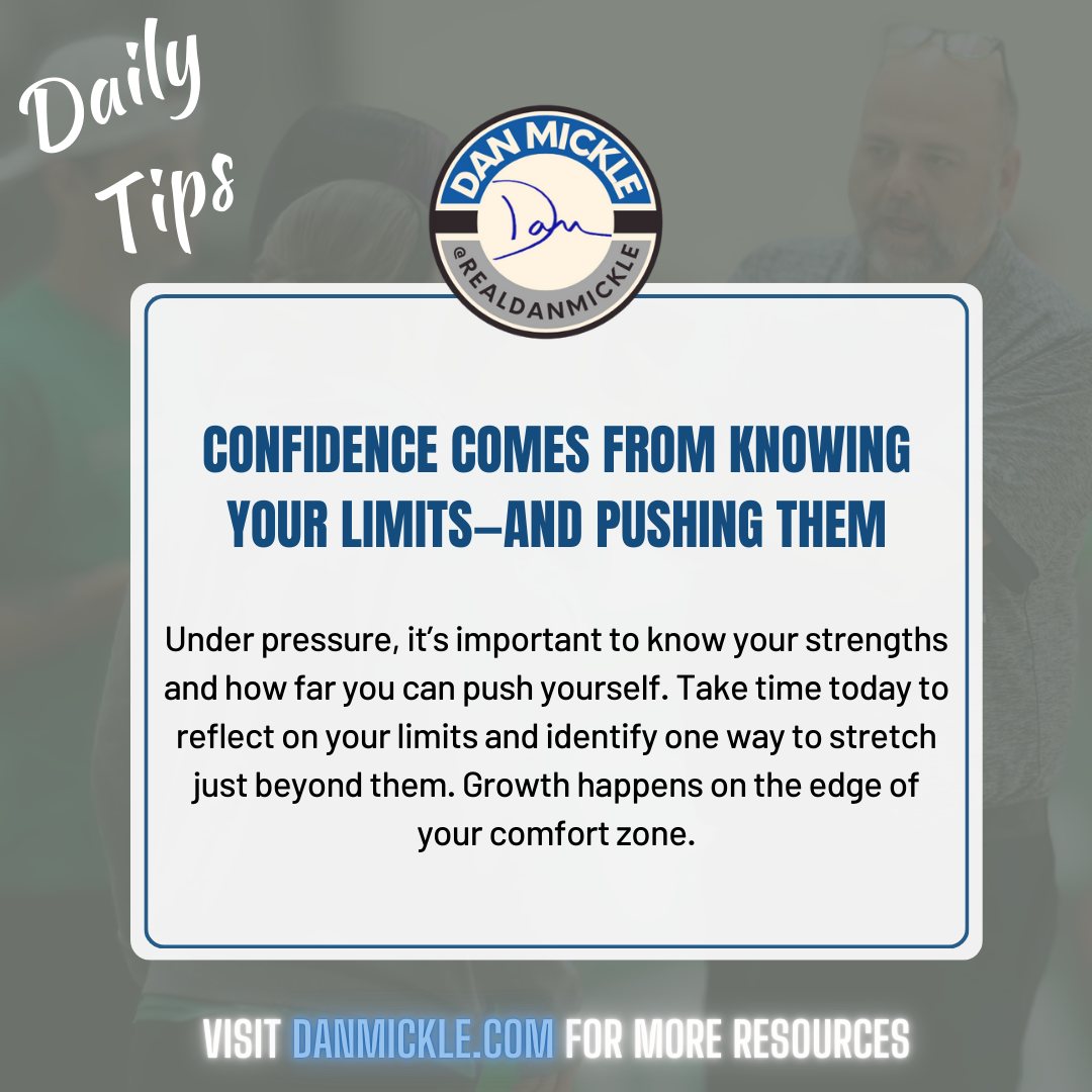 Daily Tip - Confidence comes from knowing your limits—and pushing them.

Under pressure, it’s important to know your strengths and how far you can push yourself. Take time today to reflect on your limits and identify one way to stretch just beyond them. Growth happens on the edge of your comfort zone.

#DontSuck #OneDayOne #HighStandards