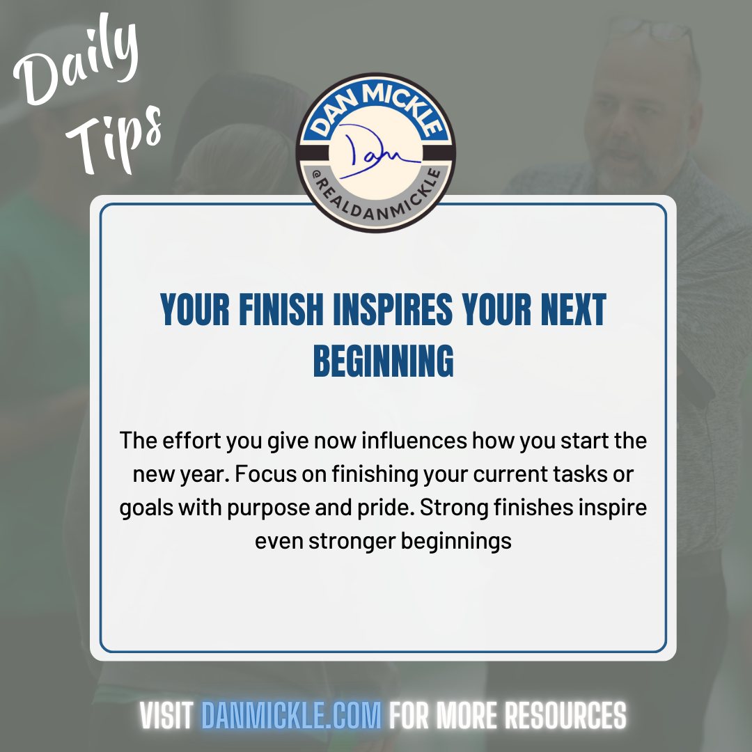 Daily Tip - Your finish inspires your next beginning.

The effort you give now influences how you start the new year. Focus on finishing your current tasks or goals with purpose and pride. Strong finishes inspire even stronger beginnings.

#DontSuck #OneDayOne #HighStandards