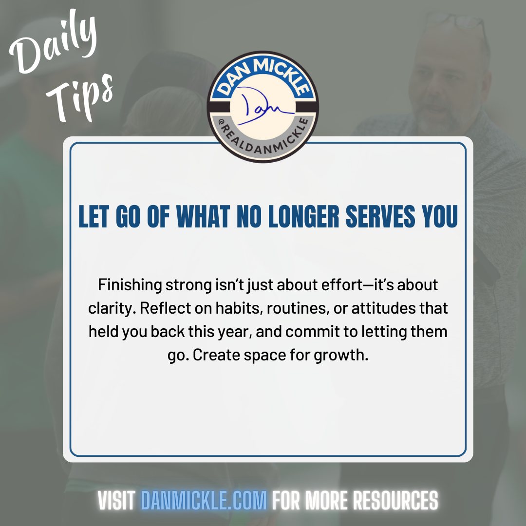 Daily Tip - Let go of what no longer serves you.

Finishing strong isn’t just about effort—it’s about clarity. Reflect on habits, routines, or attitudes that held you back this year, and commit to letting them go. Create space for growth.

#DontSuck #OneDayOne #HighStandards