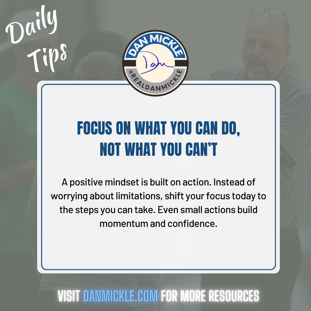 Daily Tip - Focus on what you can do, not what you can’t.

A positive mindset is built on action. Instead of worrying about limitations, shift your focus today to the steps you can take. Even small actions build momentum and confidence.

#DontSuck #OneDayOne #HighStandards